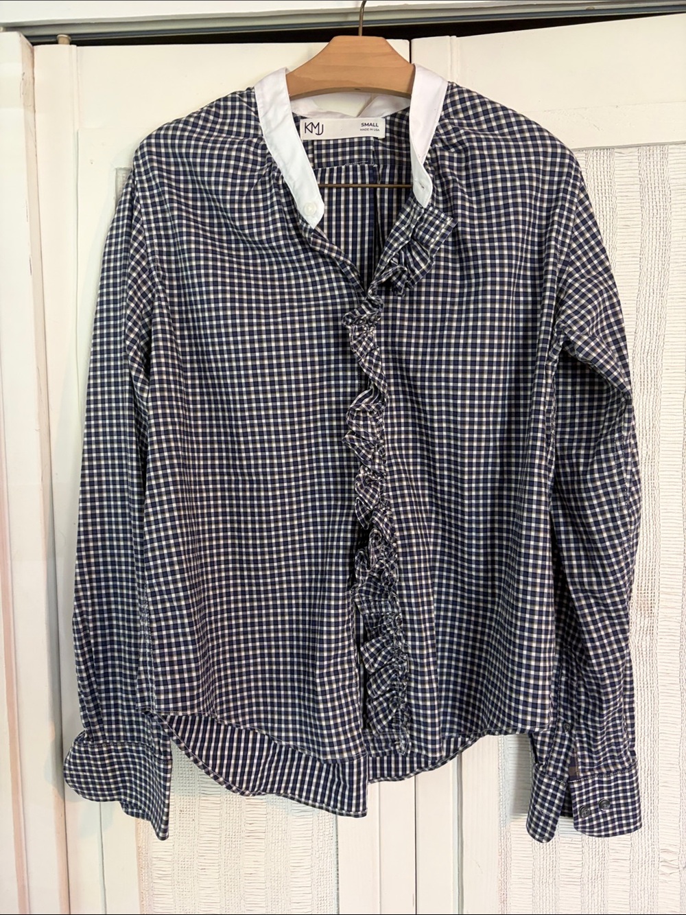 KMJ Kate McHale Jensen small plaid shirt ruffle detail NWT